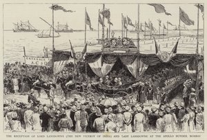De ontvangst van Lord Lansdowne (de nieuwe onderkoning van India) en Lady Lansdowne bij de Apollo Bunder, Bombay door Adrien Emmanuel Marie